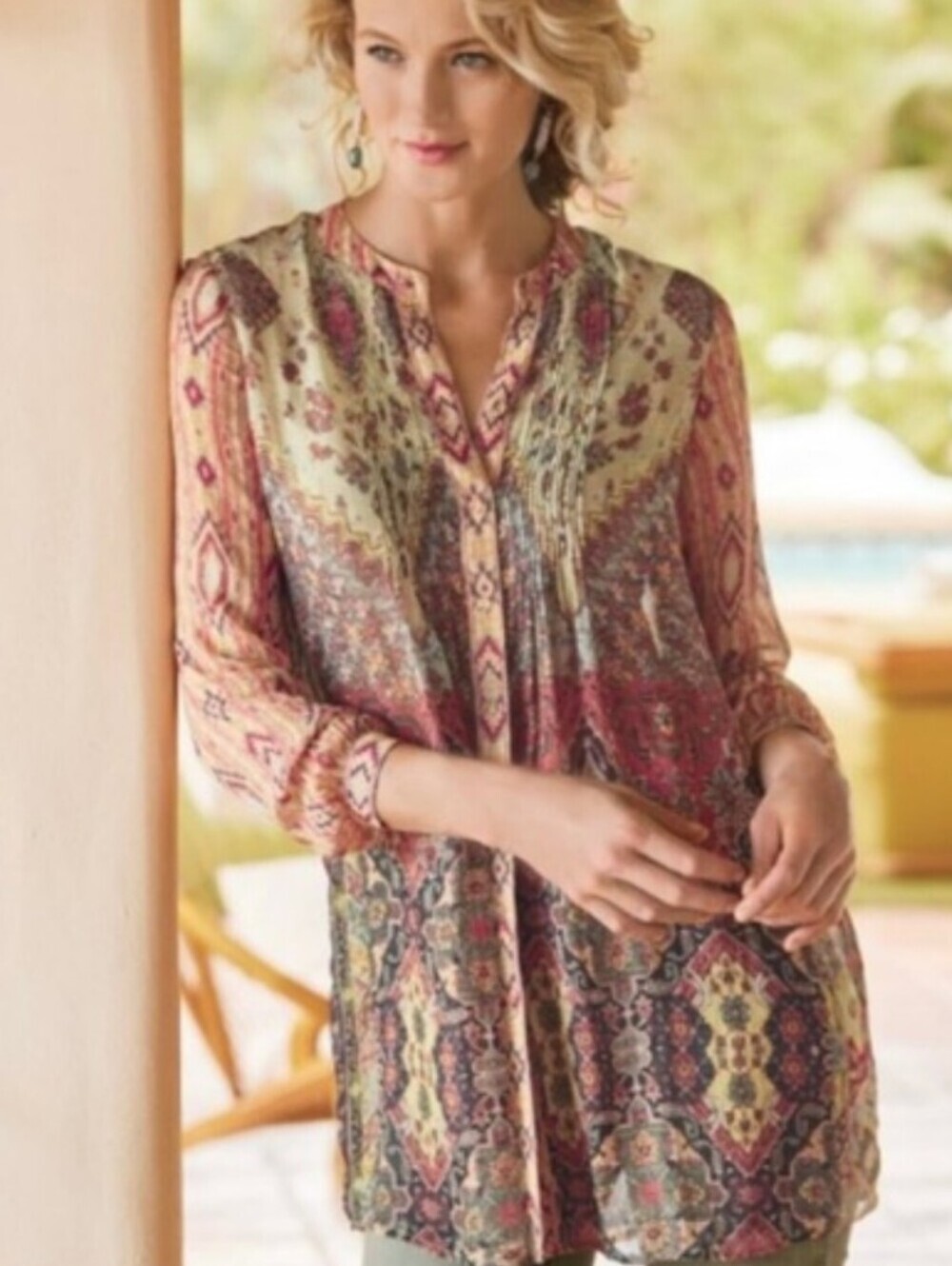 Soft Surroundings Makara Sheer Mandarin Collar Boho Print Long Sleeve Tunic Top